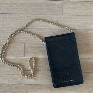 Loeffler Randall Black Croc-Embossed Pouch with Gold Chain